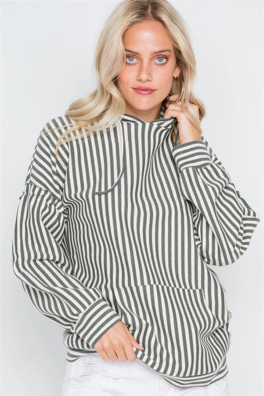 Olive Stripe Long Sleeve Hoodie /2-2-2 - Tasha Apparel Wholesale