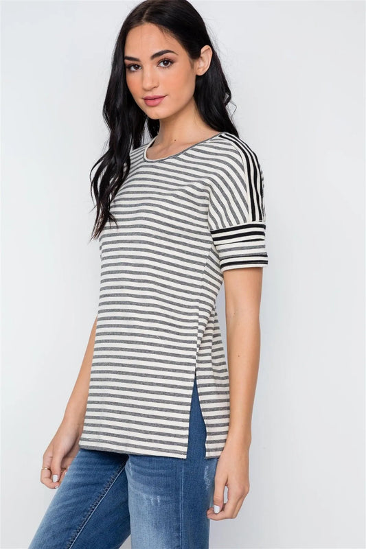 Black Cream Stripe Short Sleeve Top / 2-2-2 - Tasha Apparel Wholesale