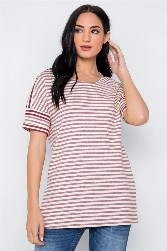 Burgundy Cream Stripe Short Sleeve Top /3-1-2 - Tasha Apparel Wholesale
