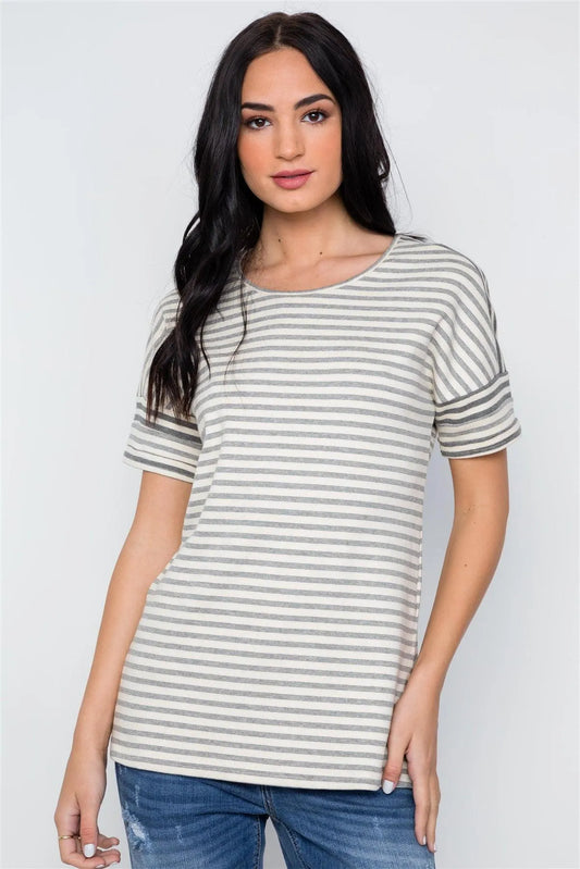 Charcoal Cream Stripe Short Sleeve Top / 2-2-2 - Tasha Apparel Wholesale