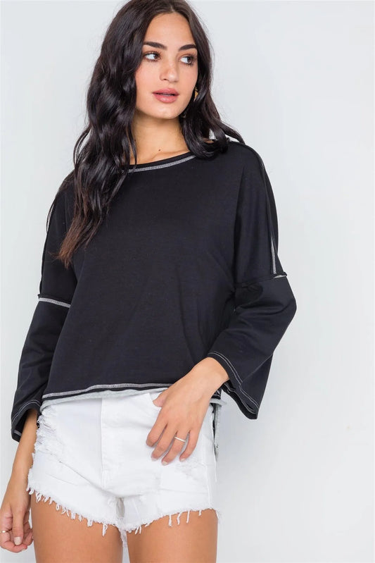Black Grey Raw-Cut Loose Fit Tee Top /2-2-2 - Tasha Apparel Wholesale