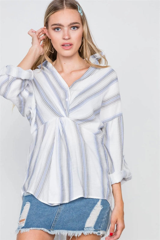 Ivory Blue Stripe Front Twist V-Neck Boho Top /2-2-2 - Tasha Apparel Wholesale