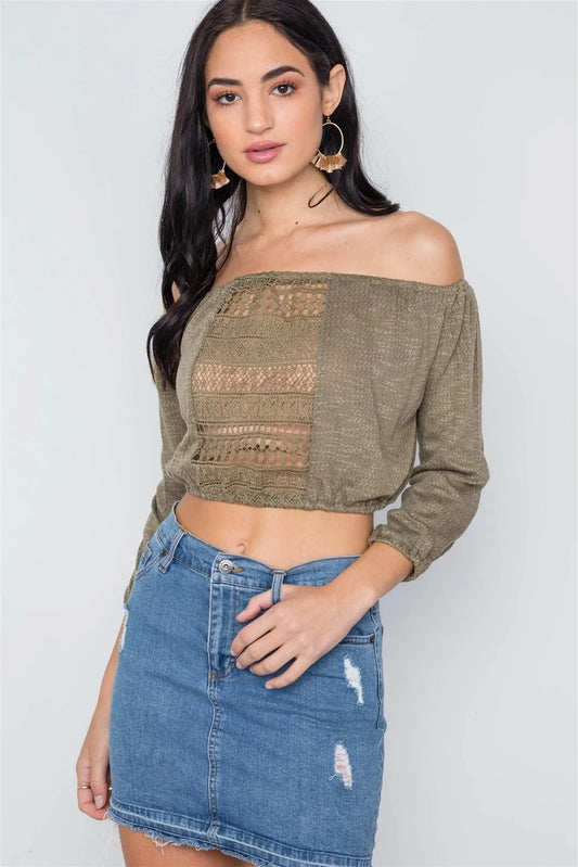 Olive Boho Crochet Off-The -Shoulder 3/4 Sleeve Knit Crop Top /2-2-2 - Tasha Apparel Wholesale