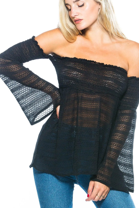 Shirred Mesh Off-The-Shoulder Top /2-2-2 - Tasha Apparel Wholesale