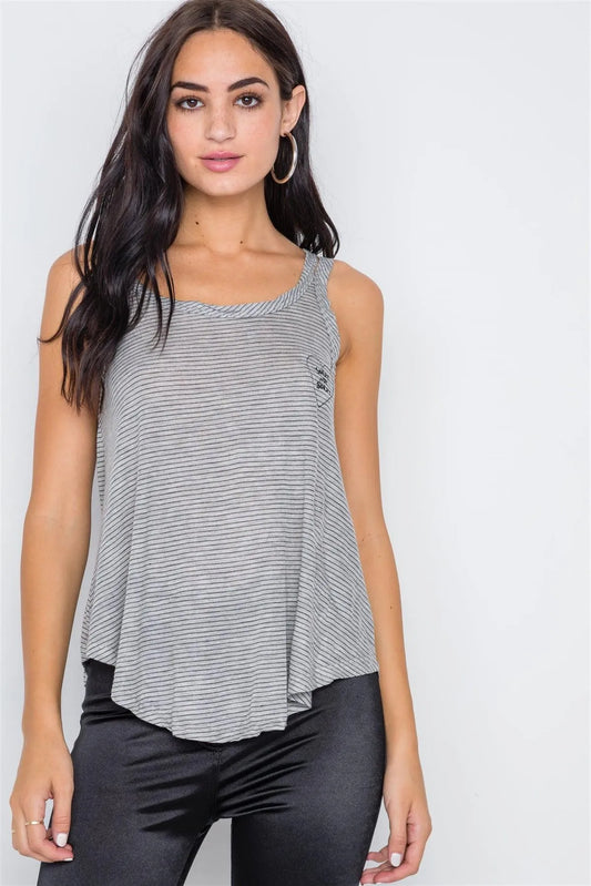 Grey Black Stripe Embroidery Heart Tank Top /1-2-2-1 - Tasha Apparel Wholesale