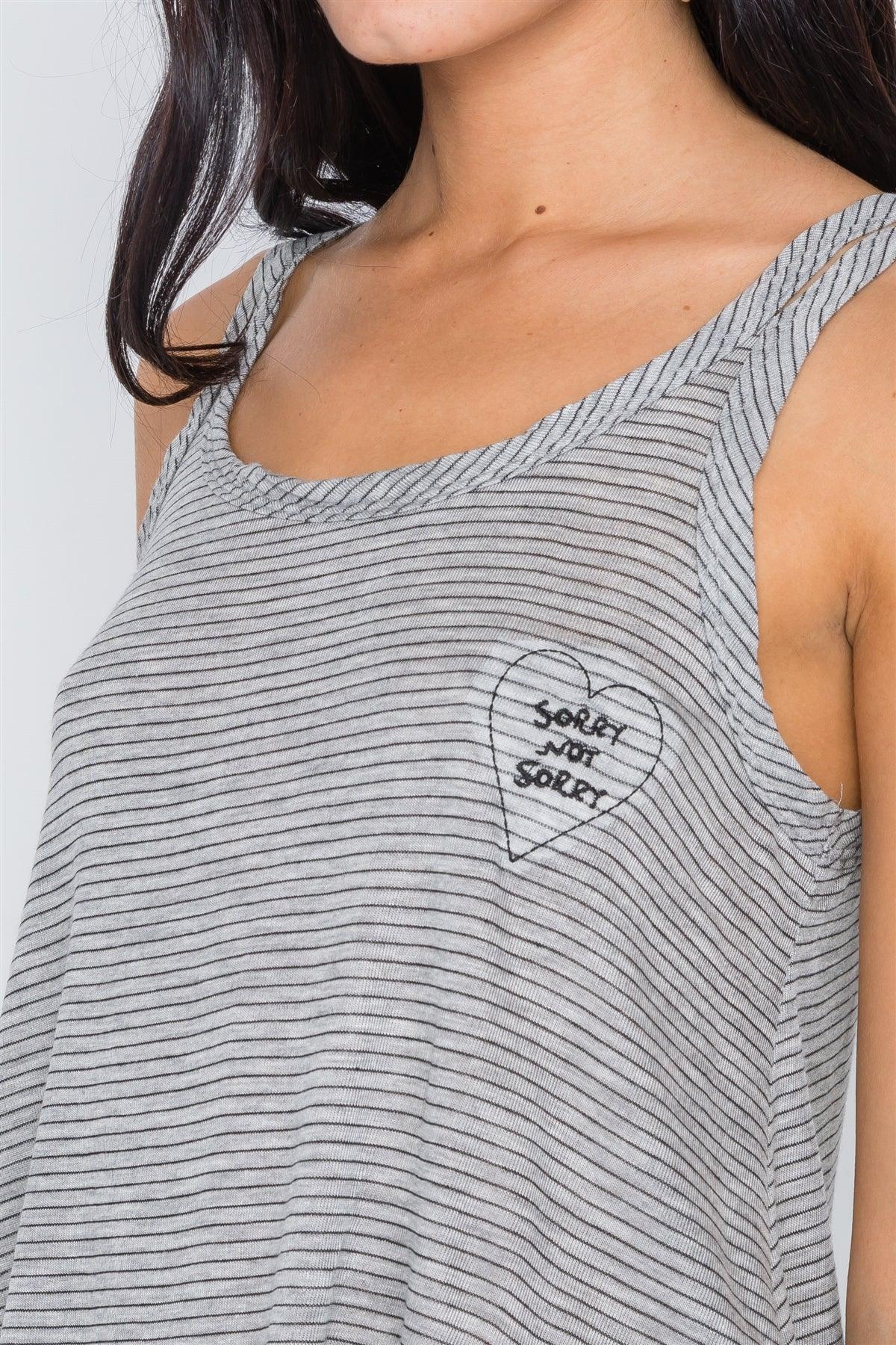 Grey Black Stripe Embroidery Heart Tank Top /1-2-2-1