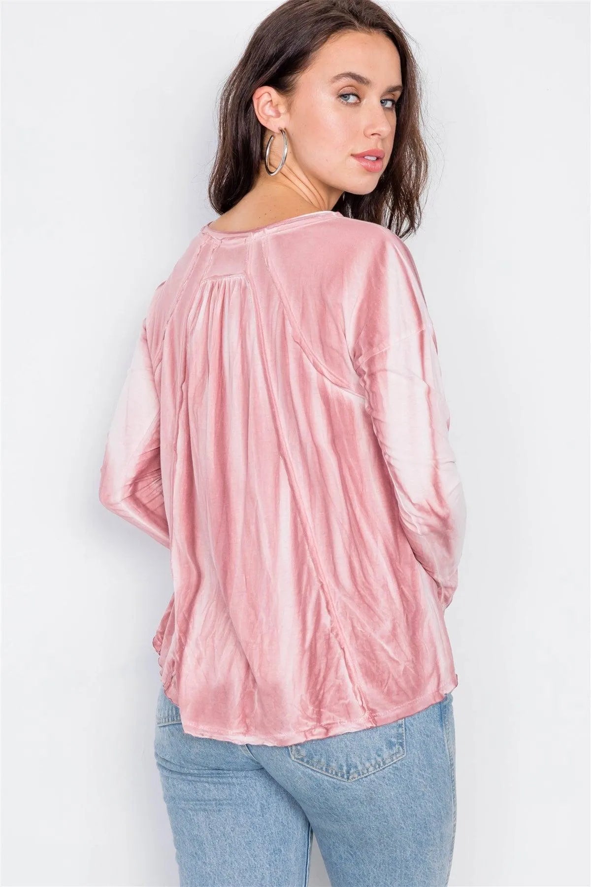 Mauve Tie-Dye Print High-Low Long Sleeve Top /2-2 - Tasha Apparel Wholesale
