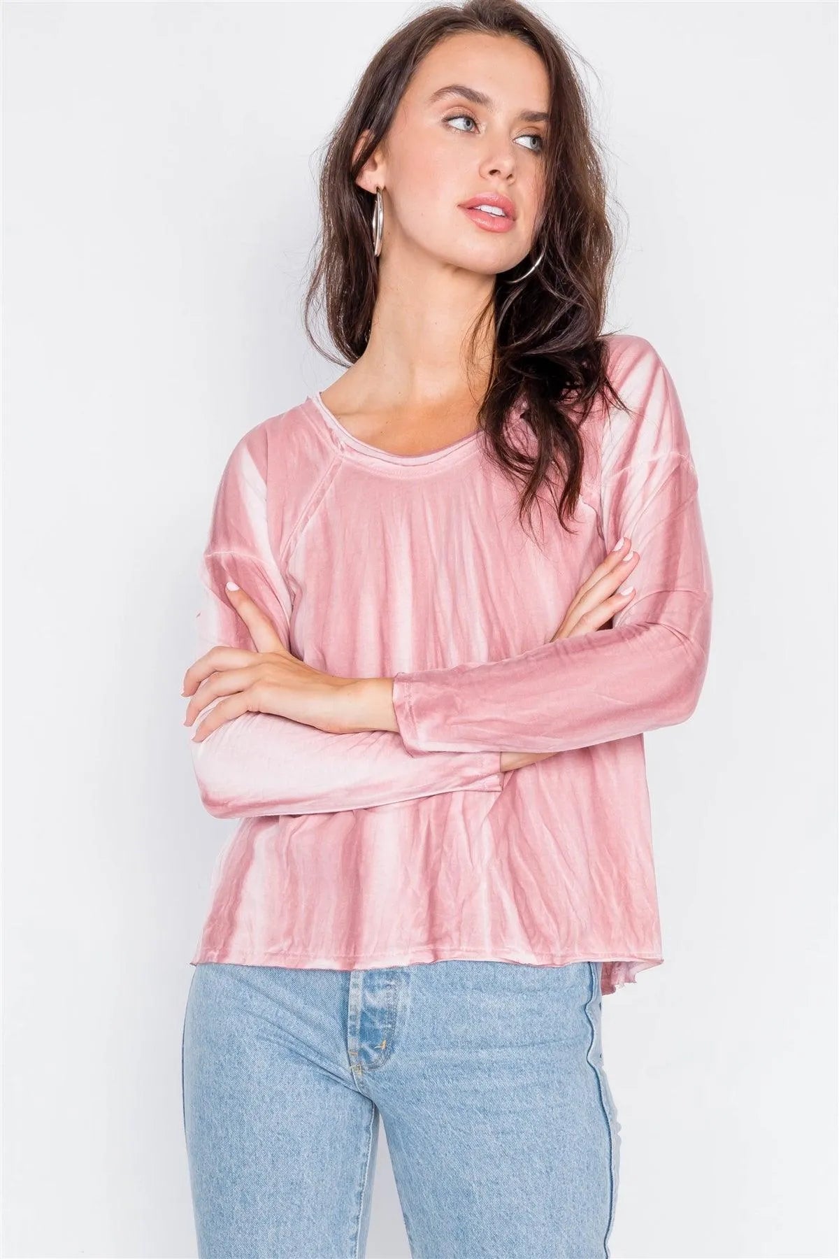Mauve Tie-Dye Print High-Low Long Sleeve Top /2-2 - Tasha Apparel Wholesale