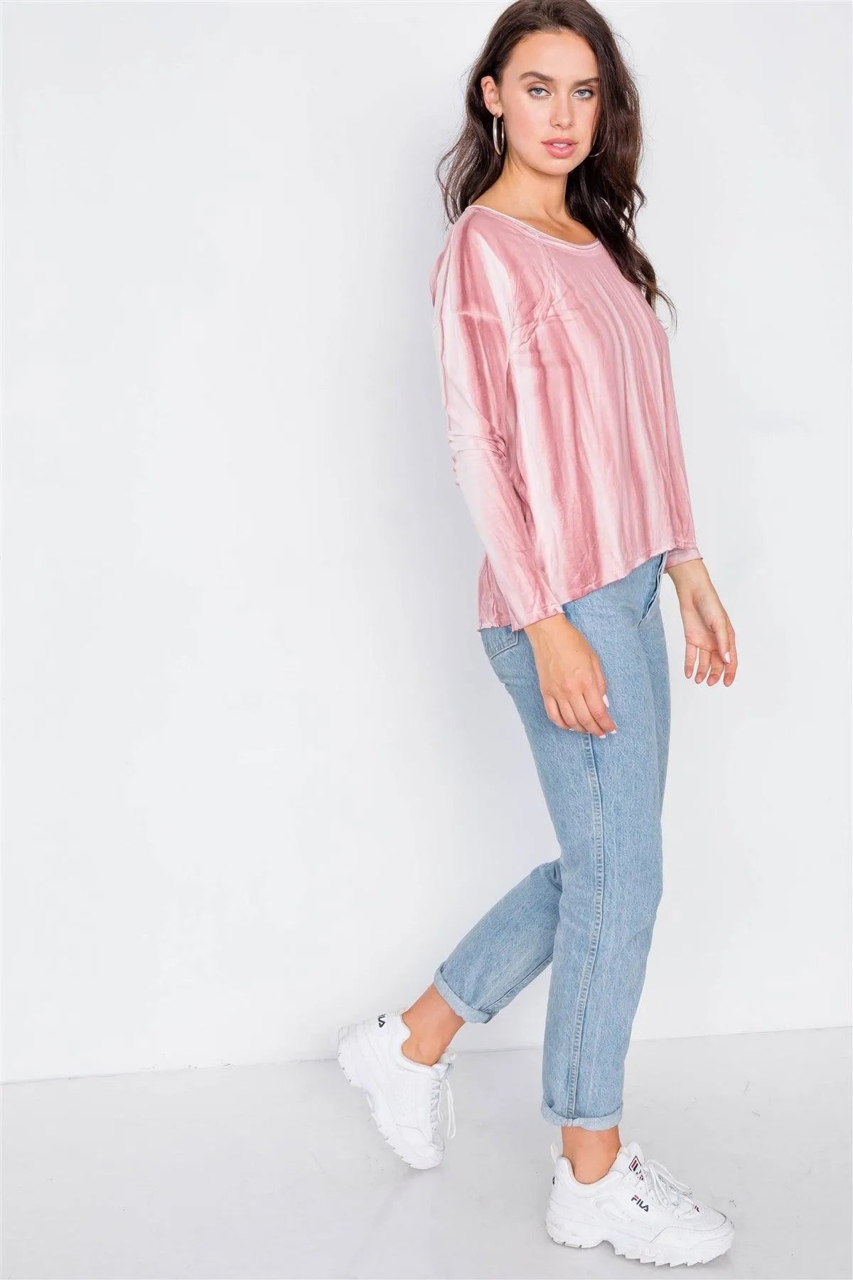 Mauve Tie-Dye Print High-Low Long Sleeve Top /2-2 - Tasha Apparel Wholesale