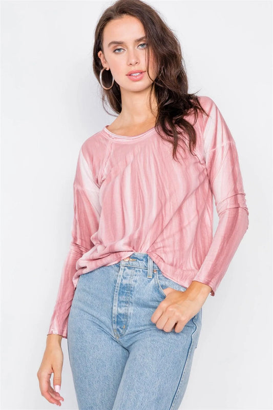 Mauve Tie-Dye Print High-Low Long Sleeve Top /2-2-2 - Tasha Apparel Wholesale
