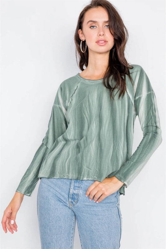 Sage Tie-Dye Print High-Low Long Sleeve Top /1-2-2 - Tasha Apparel Wholesale