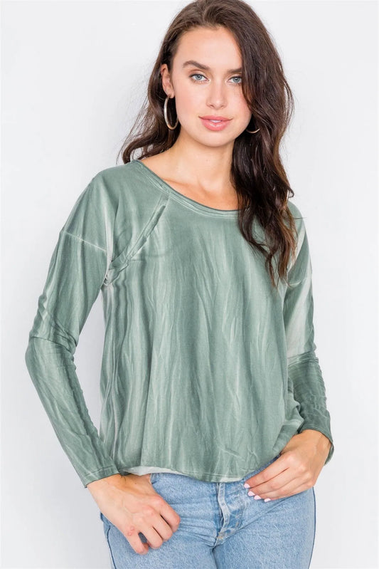 Sage Tie-Dye Print High-Low Long Sleeve Top /2-2-2 - Tasha Apparel Wholesale