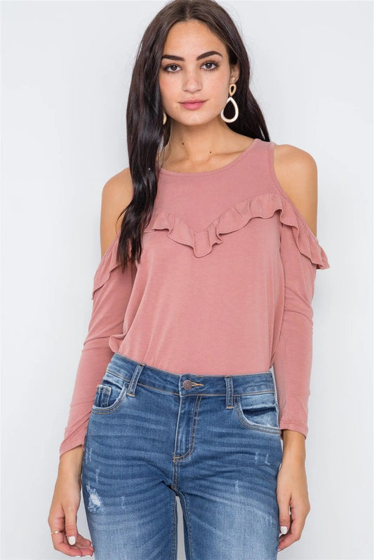 Dusty Rose Knit Cold Shoulder Ruffle Top /1-2-2-1 - Tasha Apparel Wholesale