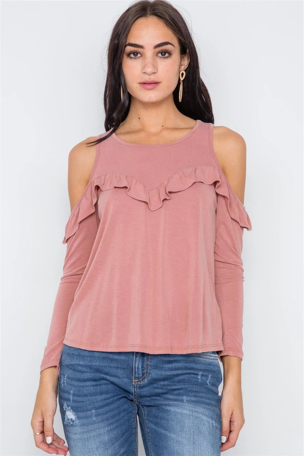 Dusty Rose Knit Cold Shoulder Ruffle Top /1-2-2-1 - Tasha Apparel Wholesale