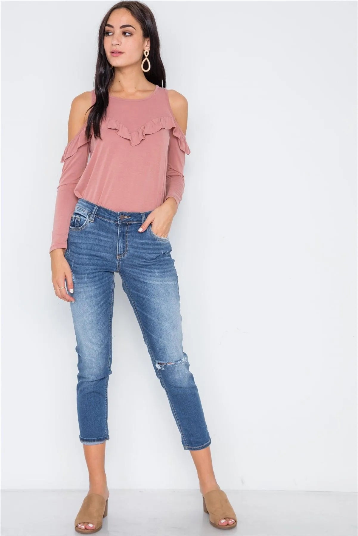Dusty Rose Knit Cold Shoulder Ruffle Top /1-2-2-1 - Tasha Apparel Wholesale