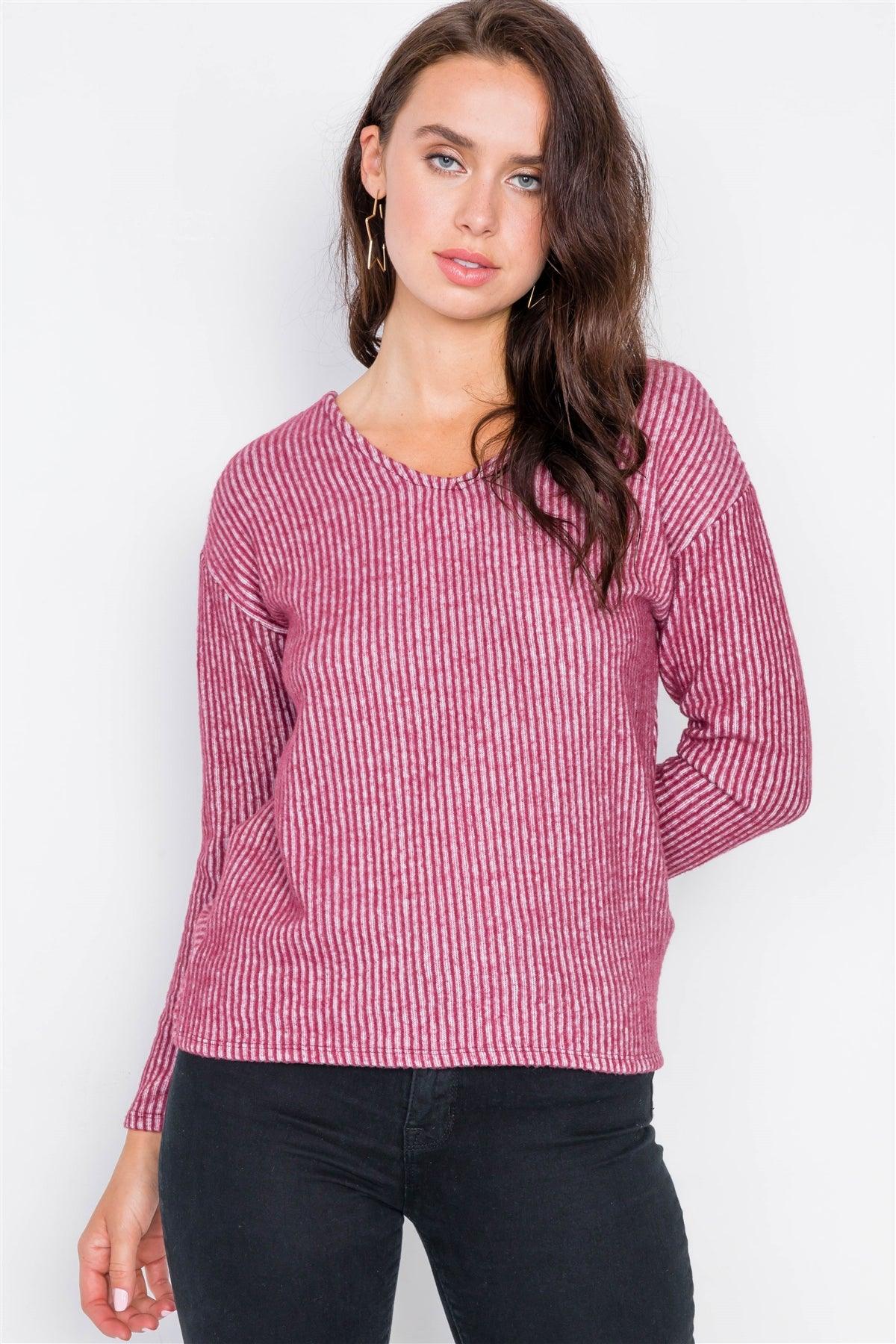 Burgundy Long Sleeve Back Tie Knot Cut-Out V-Neck Sweater /2-2-2
