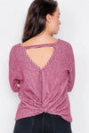 Burgundy Long Sleeve Back Tie Knot Cut-Out V-Neck Sweater /2-2-3 - Tasha Apparel Wholesale
