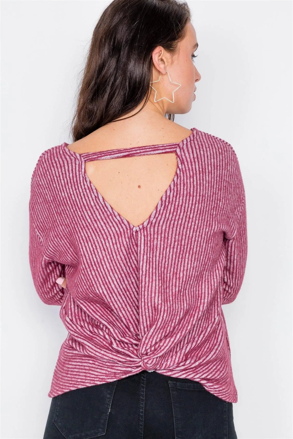 Burgundy Long Sleeve Back Tie Knot Cut-Out V-Neck Sweater /2-2-3 - Tasha Apparel Wholesale