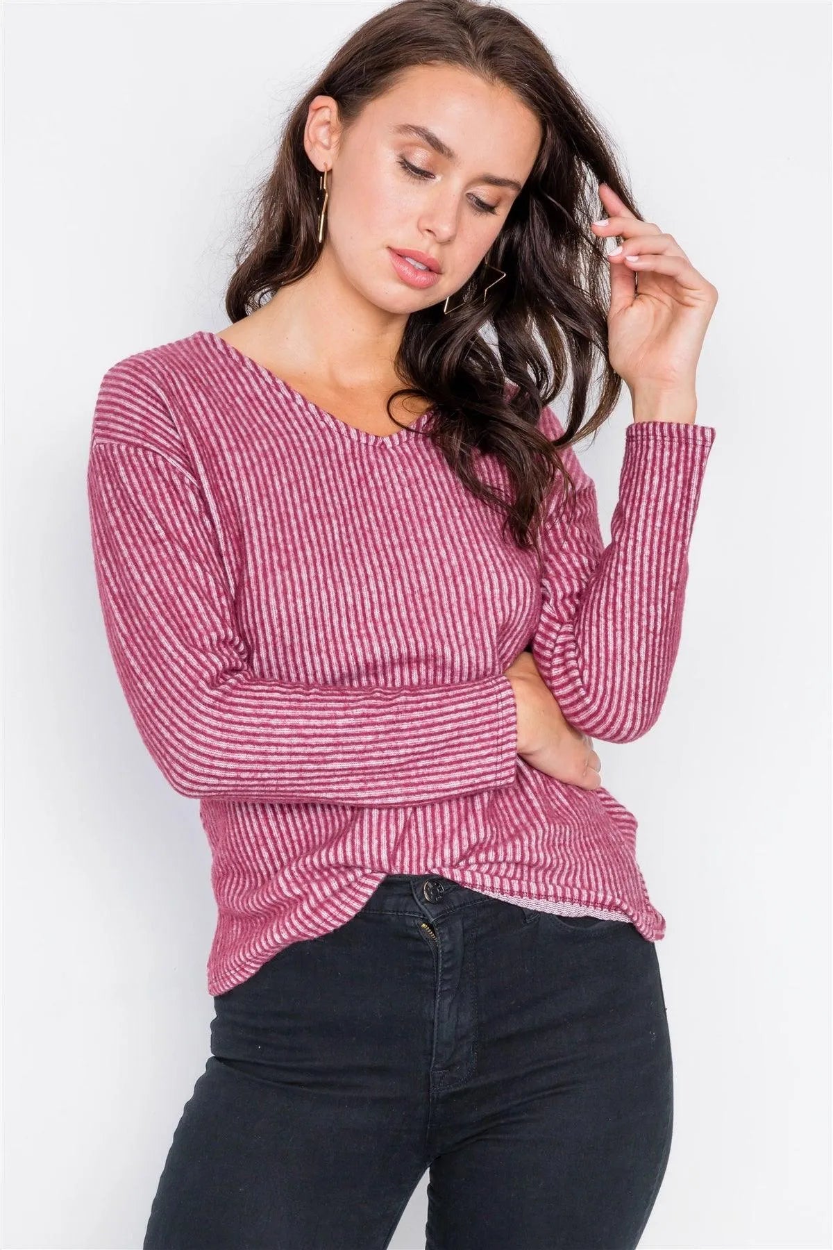 Burgundy Long Sleeve Back Tie Knot Cut-Out V-Neck Sweater /2-2-3 - Tasha Apparel Wholesale