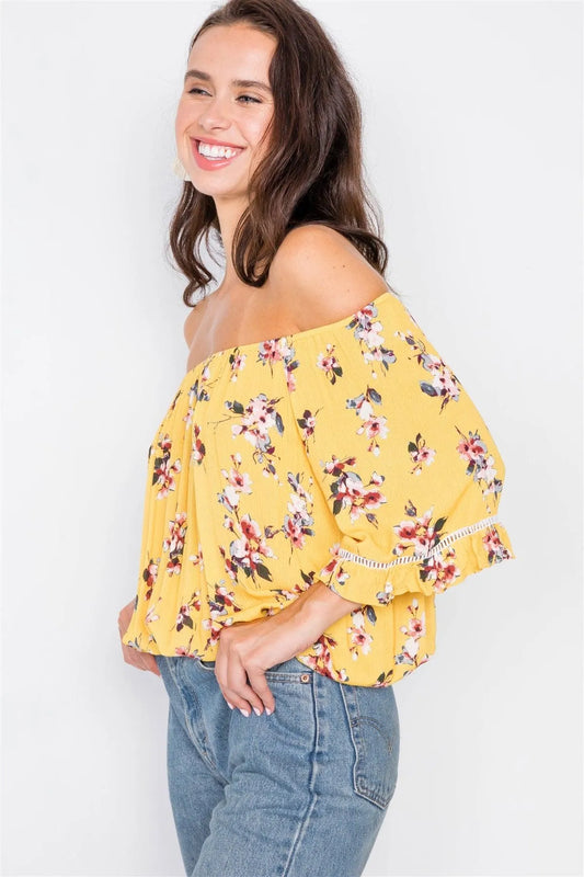 Marigold Floral Off-The-Shoulder Crop Top / 2-2-2 - Tasha Apparel Wholesale
