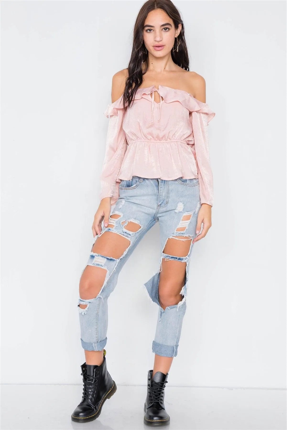 Silk Blush Off-The-Shoulder Flounce Crop Top /2-2-2 - Tasha Apparel Wholesale