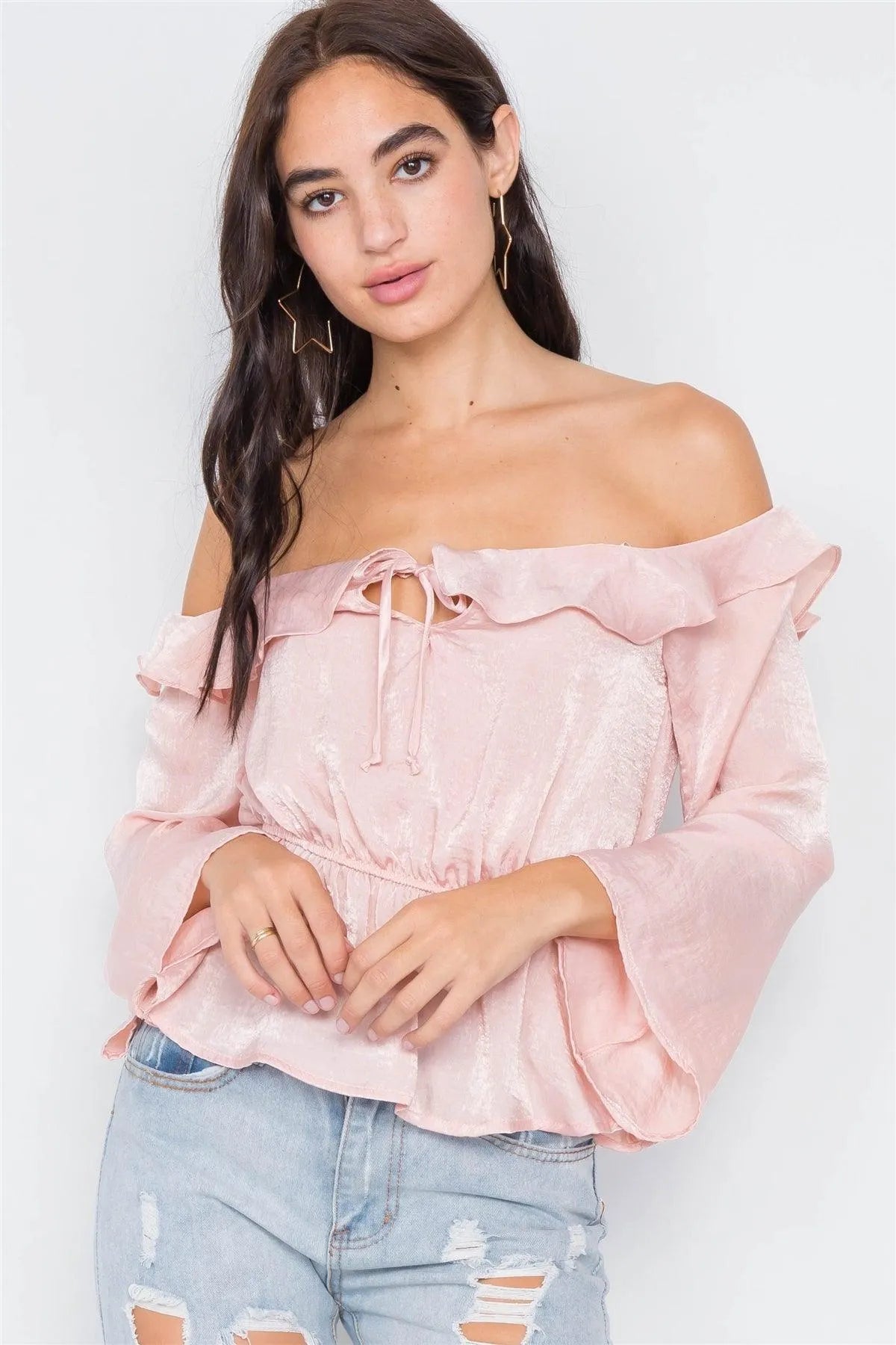 Silk Blush Off-The-Shoulder Flounce Crop Top /2-2-2 - Tasha Apparel Wholesale