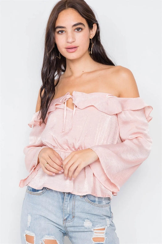 Silk Blush Off-The-Shoulder Flounce Crop Top /1-3-2 - Tasha Apparel Wholesale