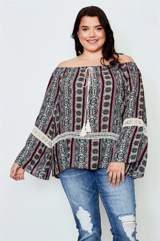 Boho Plus Size Multi Tassel Tie Off The Shoulder Top / 2-2-2 - Tasha Apparel Wholesale
