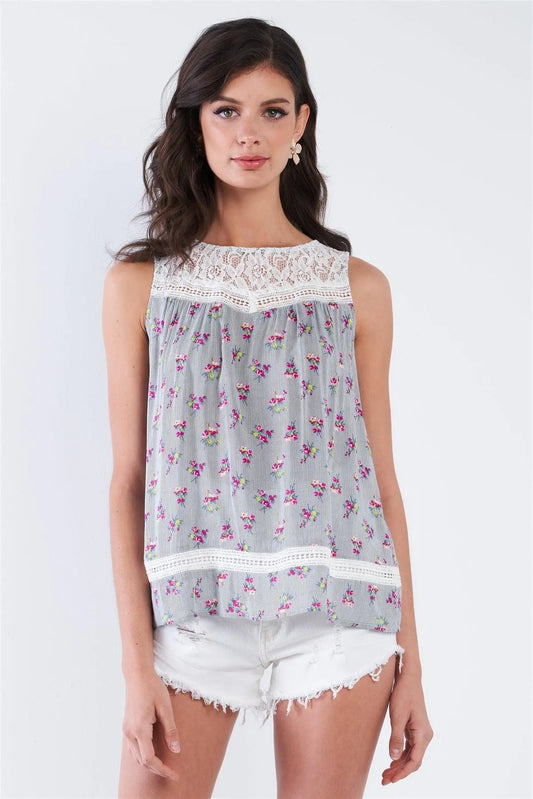 Navy Ivory Floral Lace Back Button Up Tank Top /2-2-2 - Tasha Apparel Wholesale