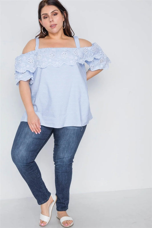 Plus Size Blue White Stripe Floral Embroidery Boho Top /1-2-2 - Tasha Apparel Wholesale