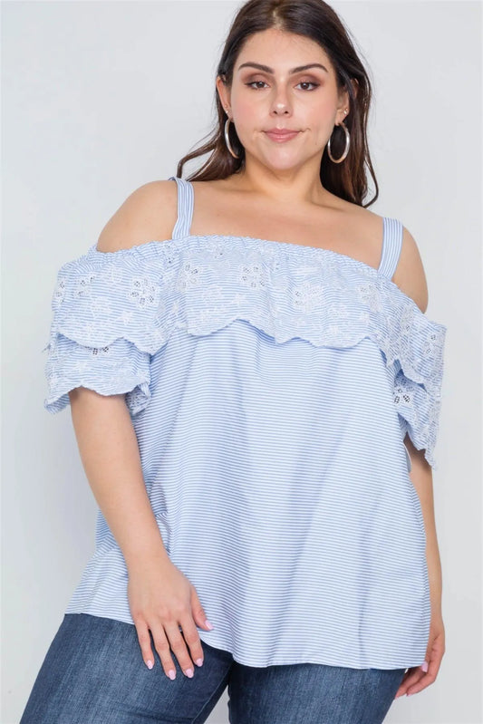 Plus Size Blue White Stripe Floral Embroidery Boho Top /2-2-2 - Tasha Apparel Wholesale