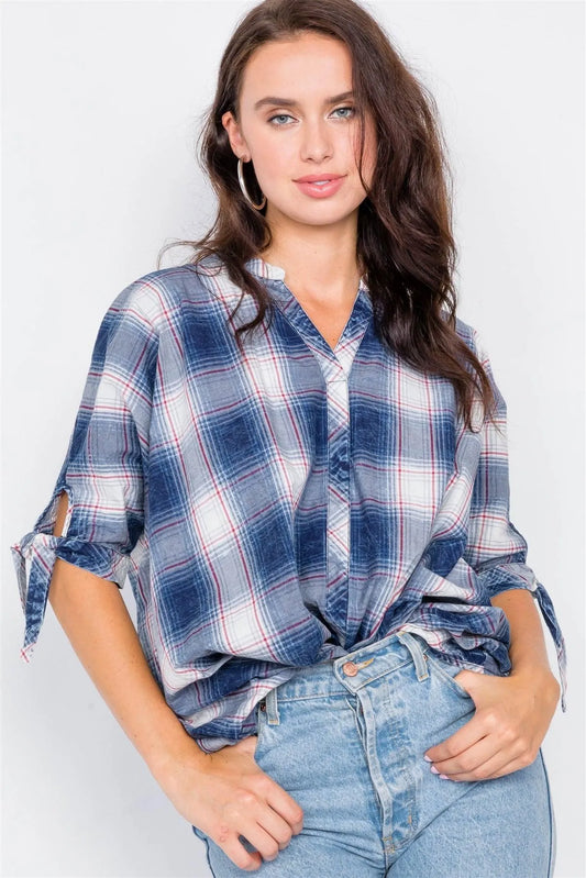 Denim Blue High-Low Knot 3/4 Sleeve Plaid Top / 2-2-2 - Tasha Apparel Wholesale