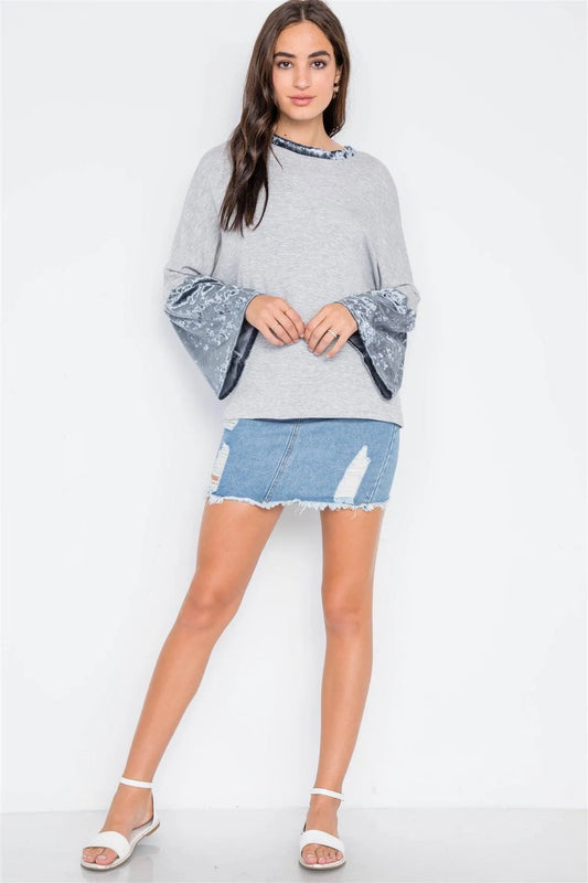 Grey Combo Velvet Bell Sleeves Sweater - Tasha Apparel Wholesale