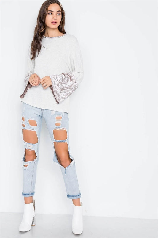 Ivory Combo Velvet Sleeves Sweater /2-2 - Tasha Apparel Wholesale