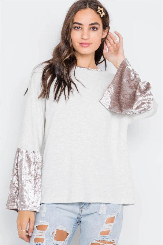Ivory Combo Velvet Sleeves Sweater /2-2-2 - Tasha Apparel Wholesale