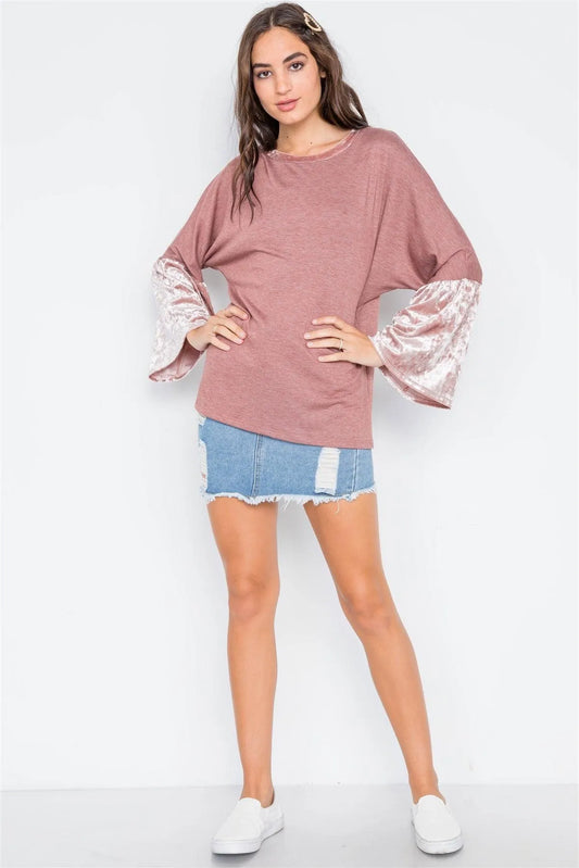 Rust Combo Velvet Sleeves Sweater /1-2-1 - Tasha Apparel Wholesale