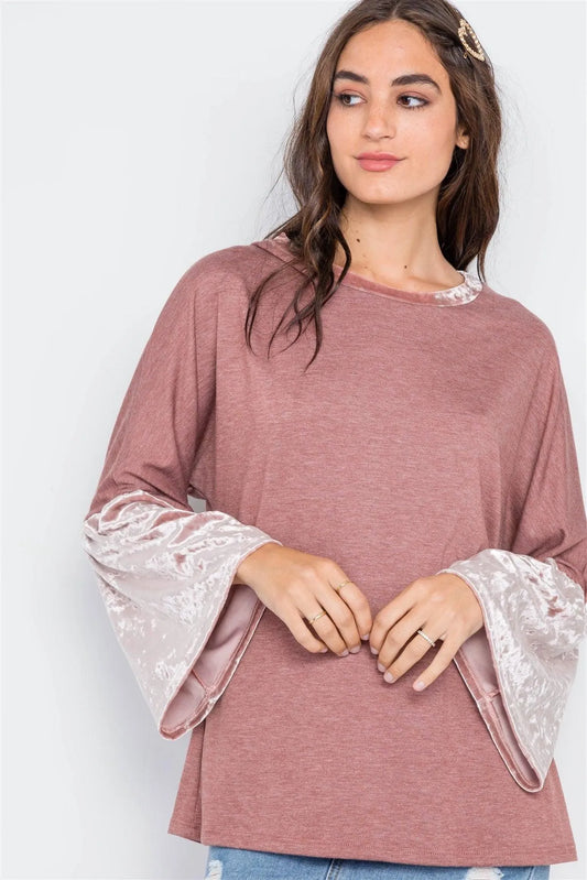 Rust Combo Velvet Sleeves Sweater /2-2-2 - Tasha Apparel Wholesale