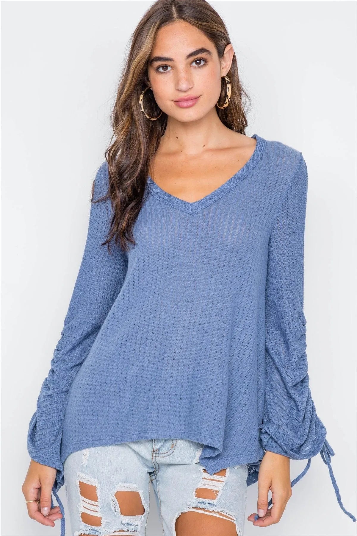 Blue V-Neck Long Sleeve Knit Ribbed Top - Tasha Apparel Wholesale