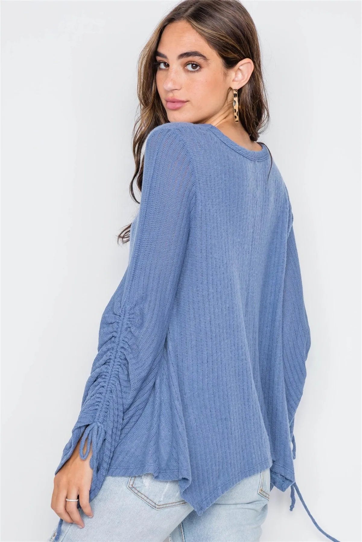 Blue V-Neck Long Sleeve Knit Ribbed Top - Tasha Apparel Wholesale