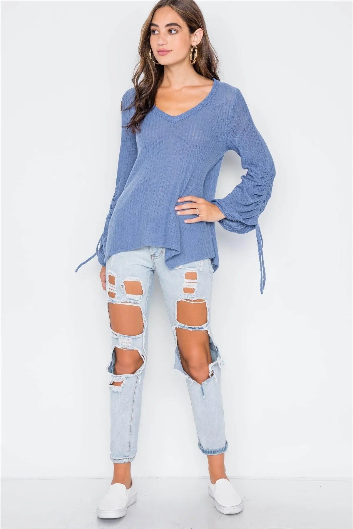Blue V-Neck Long Sleeve Knit Ribbed Top - Tasha Apparel Wholesale