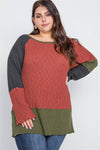Plus Size Rust Olive Color Block Knit Sweater /2-2-2