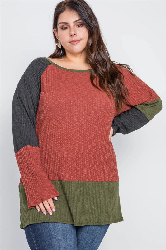 Plus Size Rust Olive Color Block Knit Sweater /2-2-2 - Tasha Apparel Wholesale