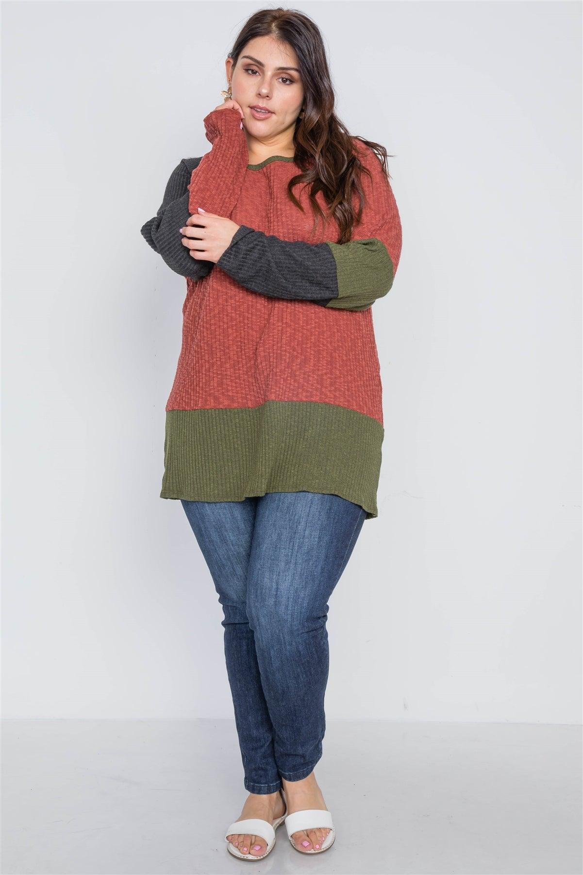 Plus Size Rust Olive Color Block Knit Sweater /2-2-2
