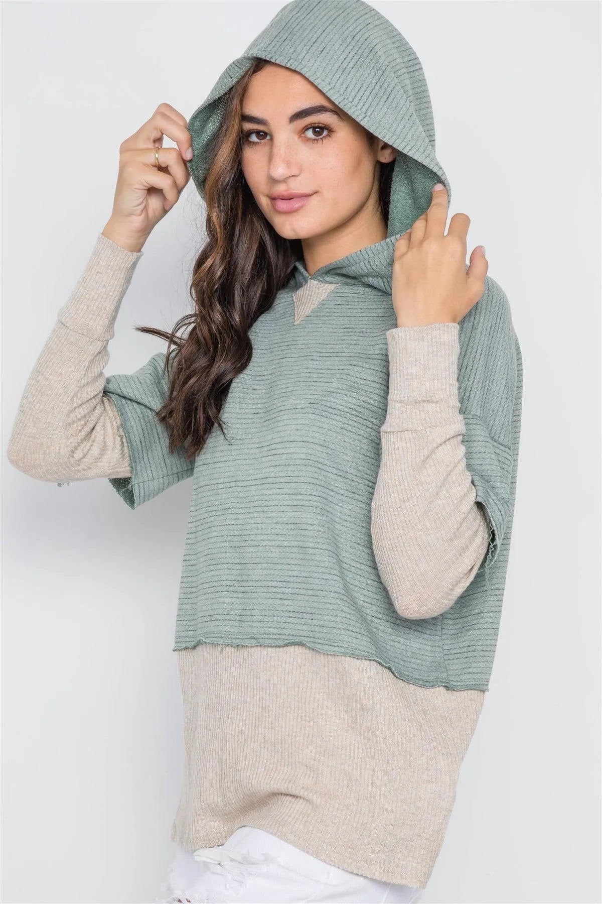 Dark Sage Combo Hooded Long Sleeve Sweater /1-2-2 - Tasha Apparel Wholesale