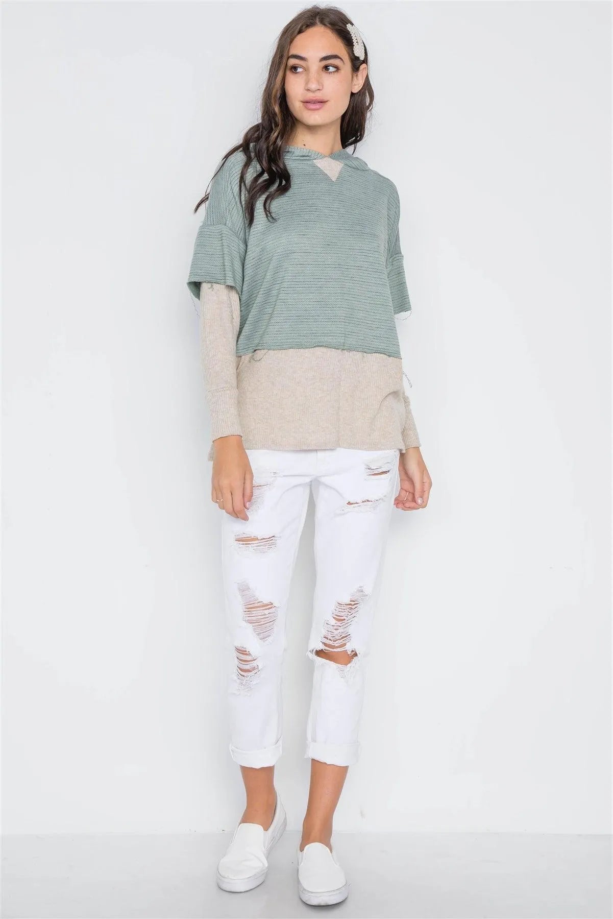Dark Sage Combo Hooded Long Sleeve Sweater /1-2-2 - Tasha Apparel Wholesale