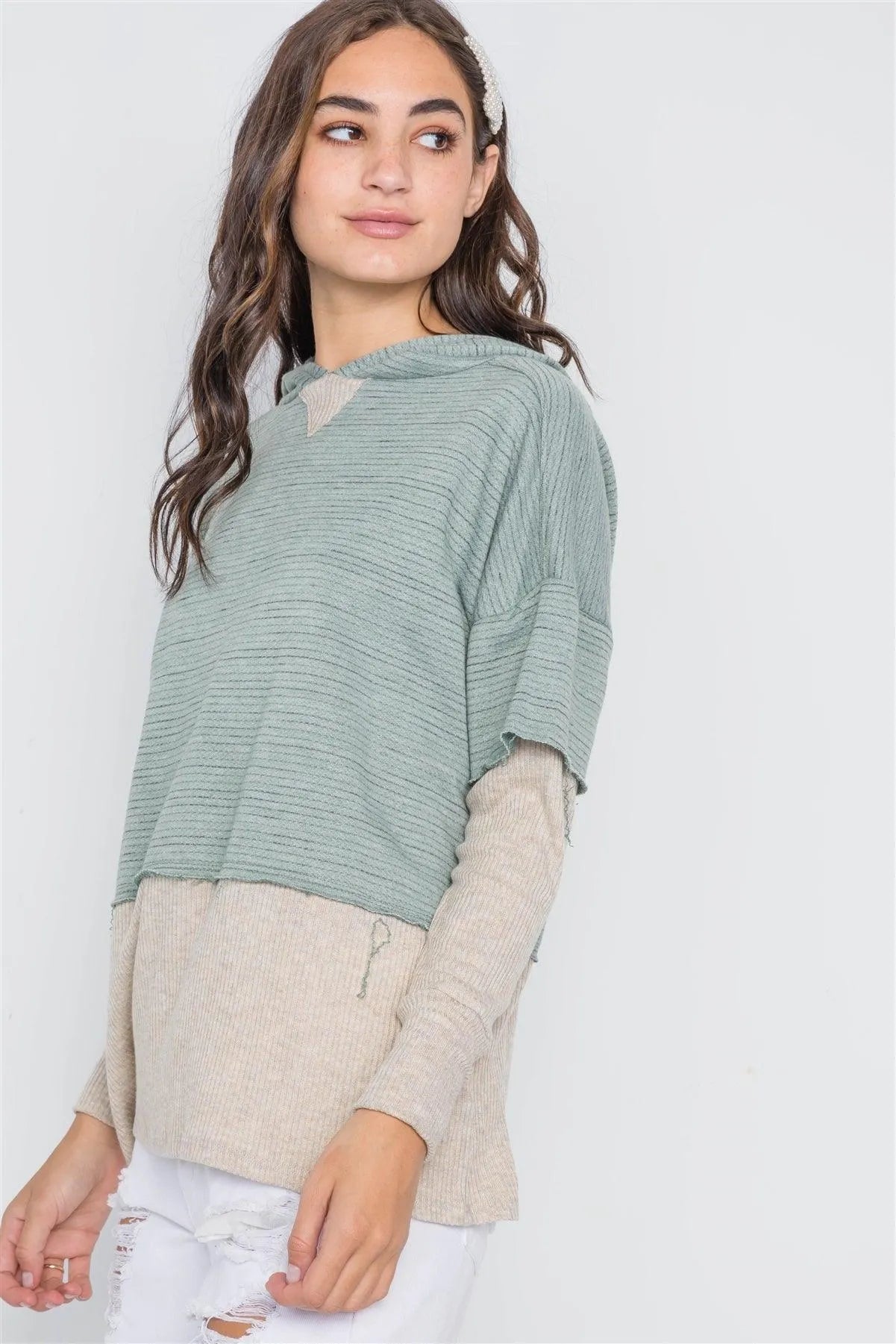 Dark Sage Combo Hooded Long Sleeve Sweater /1-2-2 - Tasha Apparel Wholesale