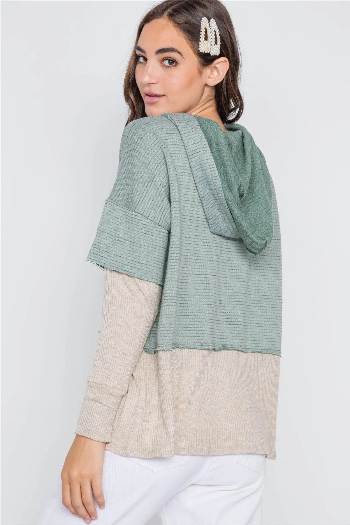 Dark Sage Combo Hooded Long Sleeve Sweater /1-2-2 - Tasha Apparel Wholesale