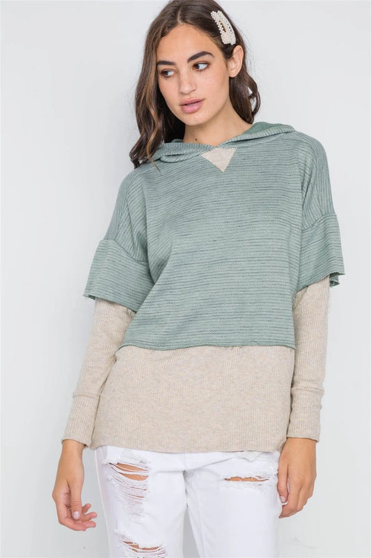 Dark Sage Combo Hooded Long Sleeve Sweater /2-2-2 - Tasha Apparel Wholesale
