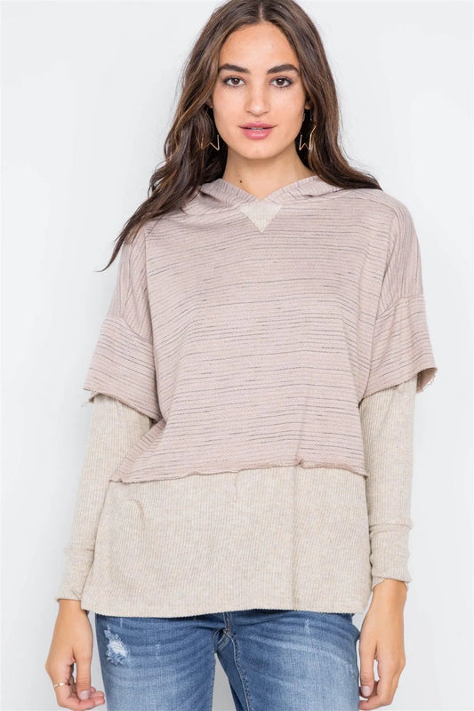 Mocha Combo Hooded Long Sleeve Sweater /2-2-3 - Tasha Apparel Wholesale