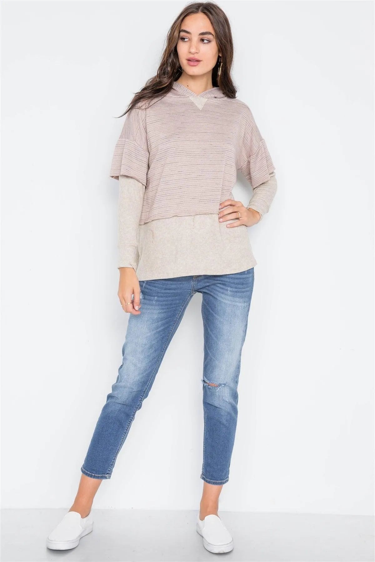 Mocha Combo Hooded Long Sleeve Sweater /2-2-3 - Tasha Apparel Wholesale